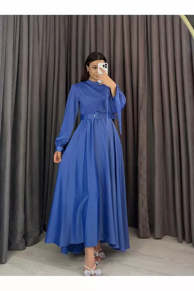 SATIN BELT DETAILED RUFFLE SLEEVE EVENING DRESSES