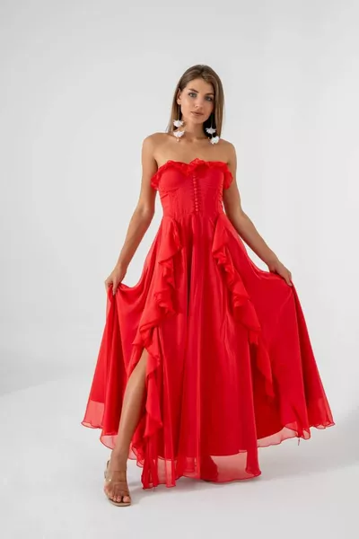 Button and Ruffle Detailed Strapless Evening Dress