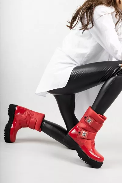 Дамски дебели токчета велкро парашут червени лачени ботуши за сняг Дължина на тока 2 см