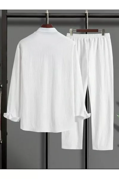 طقم رجالي قميص أبيض بأكمام طويلة وسروال رياضي محبب