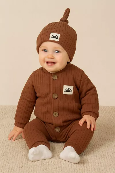 Baby-Set mit Sonnenmotiv, Mütze und einfarbigem Overall