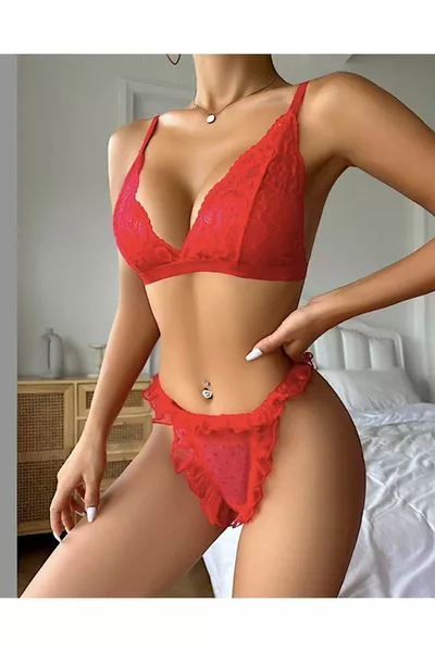 Polka Dot Ruffled Tulle Lace Kimono Panty Bra Set Sexy Nightgown