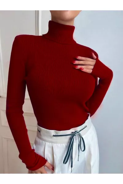 Unisex Blood Red Premium Cotton Ribbed Turtleneck Sweater with Slim Fit and Brushed Finish