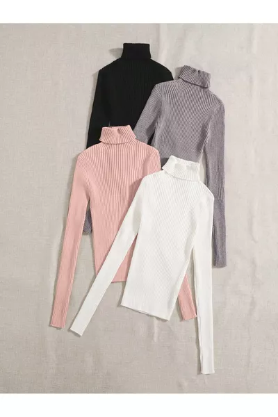 Unisex 4-Pack Black, White, Beige, Pink Cotton Ribbed Turtleneck Sweater with Brushed Finish