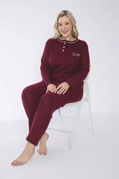 طقم بيجامة نسائي شتوي بلون عنابي بمقاس كبير، بياقة بأزرار وأكمام طويلة من القماش المحاك