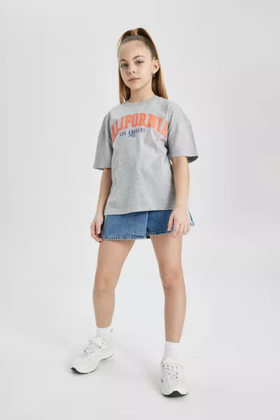 Girls' Bike Neck Printed Short Sleeve T-Shirt HS