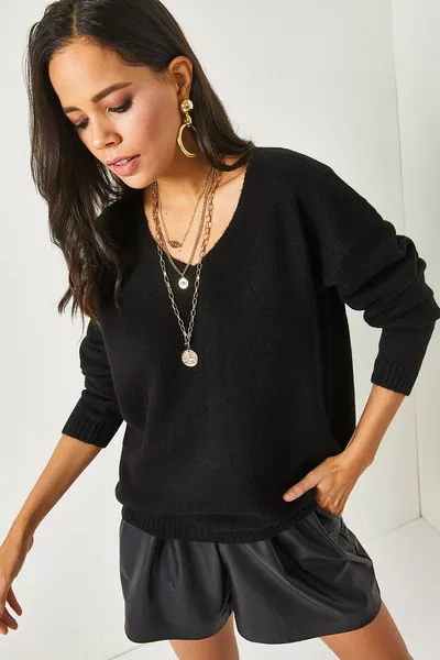 Pull en tricot doux pour femme, col V noir 