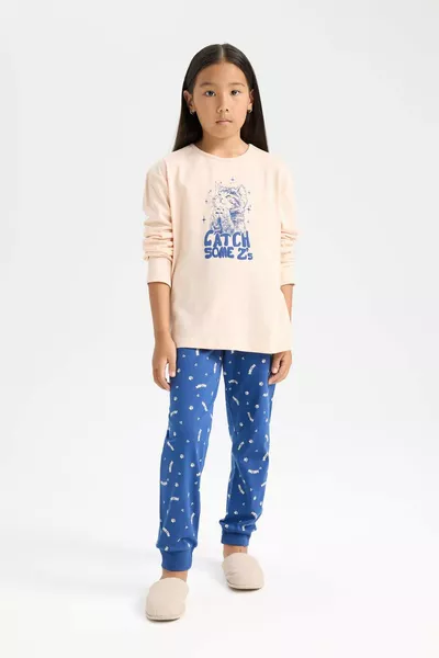 Girls' Pajama Set Printed Long Sleeve Top with Elastic Waist Long Pants WN