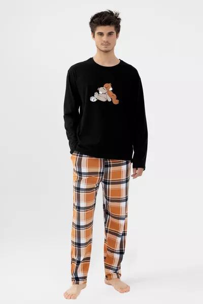 طقم بيجامة رجالي من القطن بأكمام طويلة، مطبوع عليه دب، وسرواله بنقشة مربعات مع جيوب