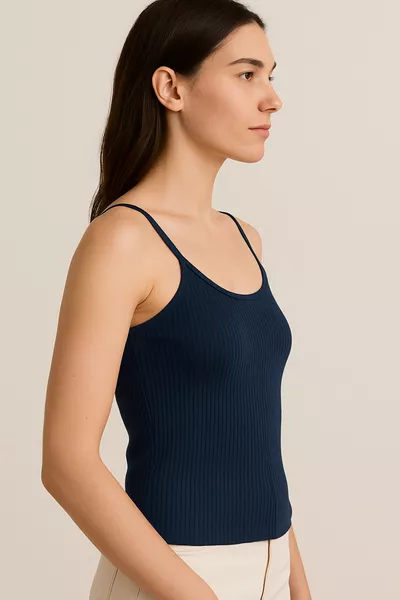Damen-Top aus Baumwolle mit dünnen Trägern und Rippstruktur | Marineblau