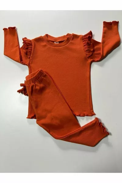 Shoulder Ruffle Detail Ribbed Fabric Top and Bottom Set, Outerwear