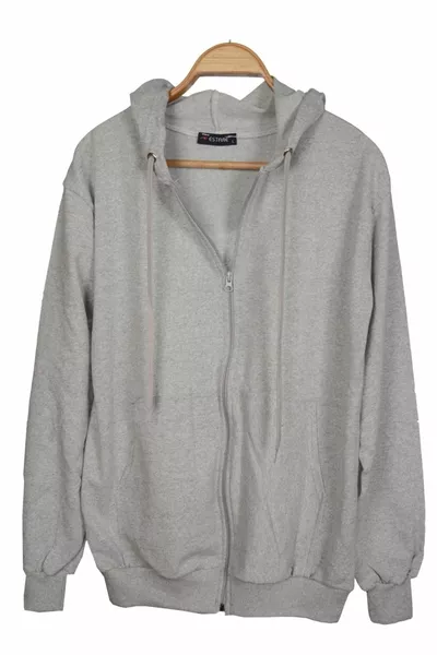 سويت شيرت رقيق رمادي أساسي للجنسين بأكمام طويلة، بقبعة وجيوب وسحّاب