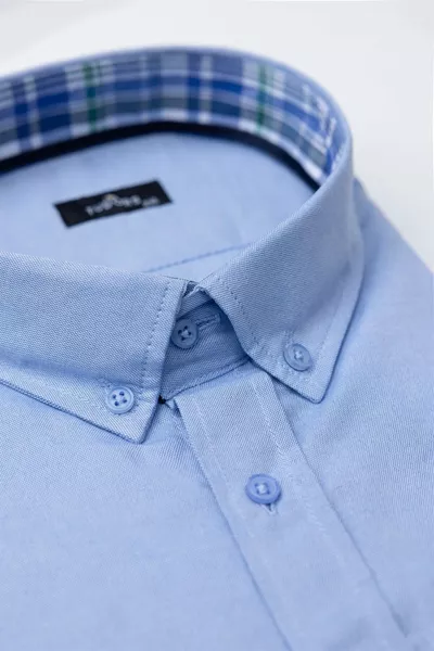 Men's Plus Size Relaxed Fit Cotton Easy-Iron Button-Down Collar Plain Blue Casual Shirt