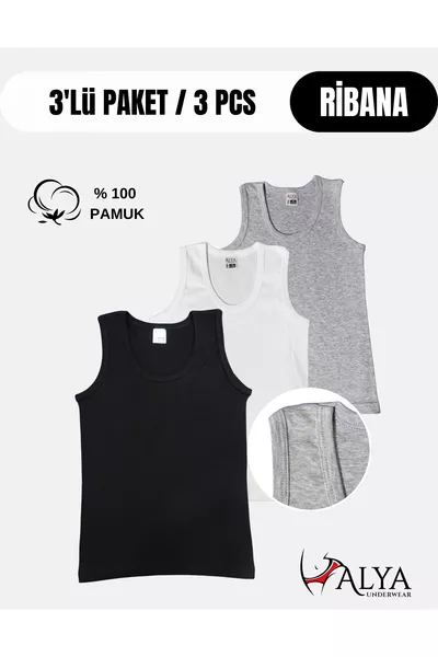 Boys' Cotton Ribbed Tank Top, Crew Neck, Pack of 3 - 1 Black - 1 White - 1 Grey Melange
