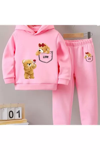 Love Teddy Bear Print 3-Ply Fleece-Lined Pink Kids Top and Bottom Set