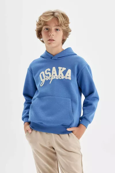 Sweat-shirt à capuche avec poche et imprimé bleu pour garçon AU