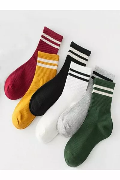 6-Pack Economic Set of Unisex Tennis Socks with Colorful Hoops and Patterns
