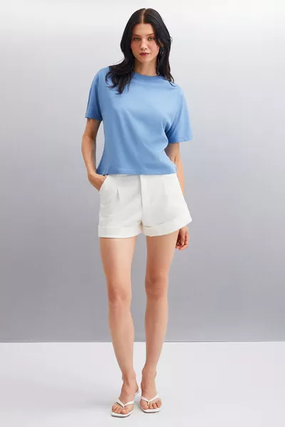 Lottie Women's % Organic Cotton Regular Fit Crew Neck Basic Short Sleeve Indigo T-shirt