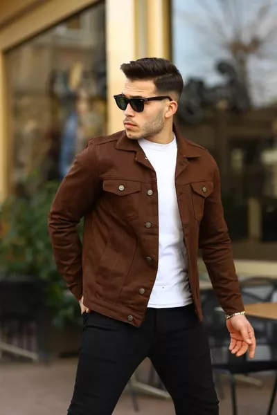 Jean Slim Fit Homme à Col Polo Tendance Veste en Jean Marron