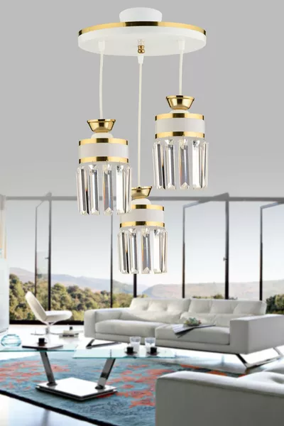 ثريا مودرن فاخرة مع صحن كريستالي ثلاثي المعلق، أبيض وأصفر مطلي بالذهب