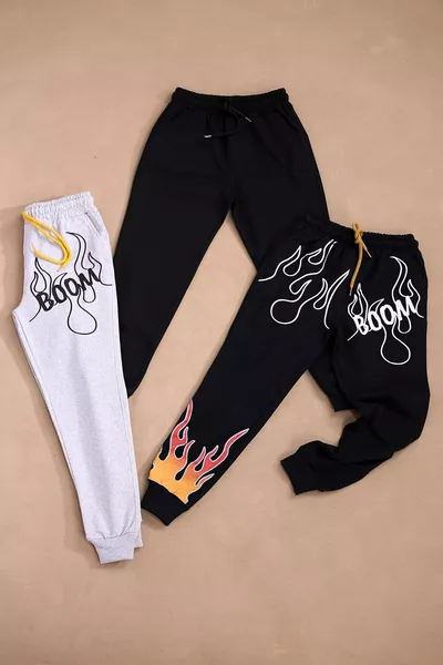 طقم بنطال رياضي رجالي 2 بطبعة بوم  سادة مع جيوب