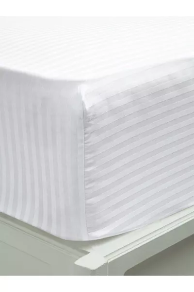 Комплект памучен сатен с ластик за чаршафи, райе, единичен или двойно спално, бял/цветен, луксозен тип хотел с възглавници