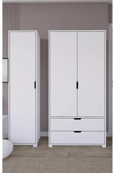 خزانة ملابس صلبة بيضاء بمقدار 3 أبواب ودرجين - مجموعة خزانة