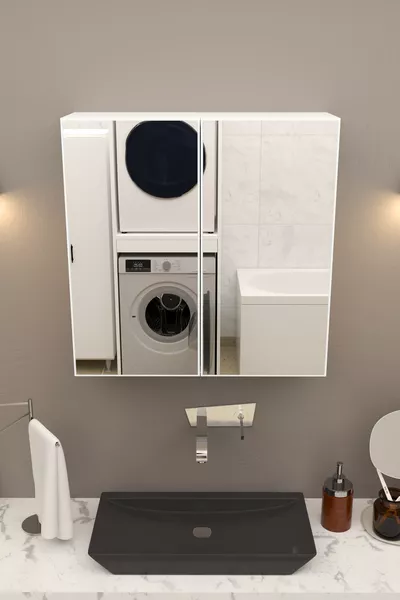 Meuble de salle de bain avec miroir au-dessus du lavabo