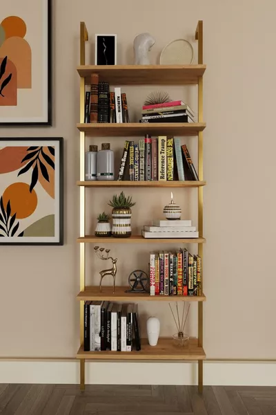 Нова библиотека Gold Metal, с 6 рафта за стена, стена от бор за рафтове, мебели