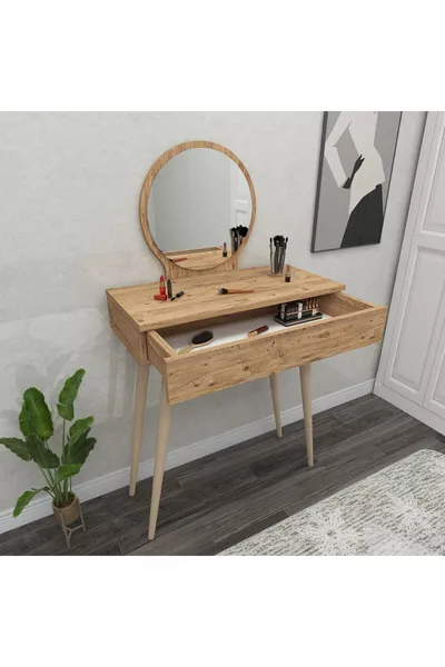 Coiffeuse en bois avec tiroirs et miroir sur pieds Siena, pin de l'Atlantique - Siena