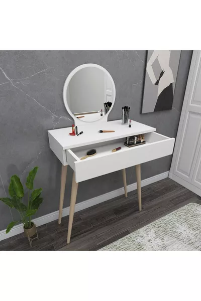 طاولة مكياج خشبية بأرجل ومرآة مع أدراج، لون أبيض - سيينا