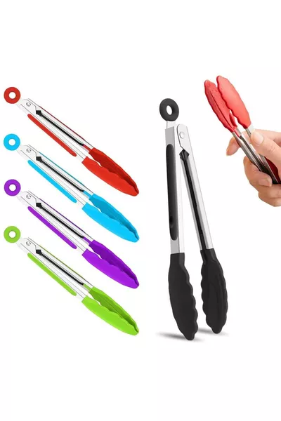 Pinza per friggere con manico in metallo, punta in silicone e sistema di bloccaggio