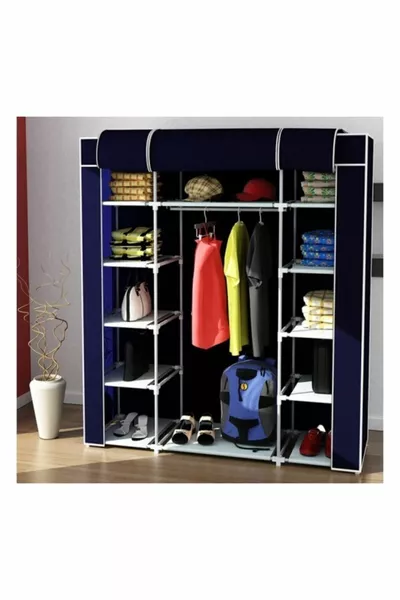 Armoire en tissu bleu marine avec étagères des deux côtés