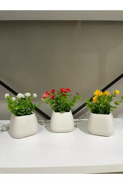 Küçük Boy Saksıda Yapay Çiçek Bitki 3 Adet, Gerçekçi Yapay Çiçek Masa Dekoru