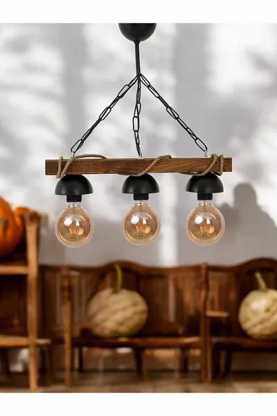 Authentic Wooden Natural Log Triple Chandelier with Rope, Dark Shade Model