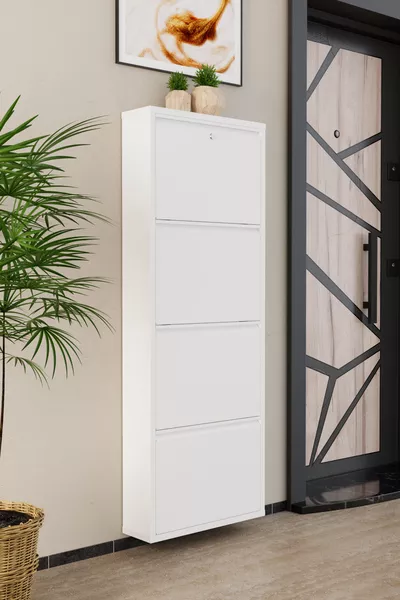 White Metal Shoe Cabinet with 4 Lockable Doors