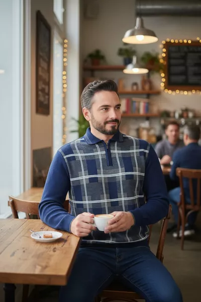 كنزة رجالية صوفية شتوية للآباء بنقشة حياكة فولاذية، بياقة قميص، بسوستة، ياقة بولو، لا تتنسج