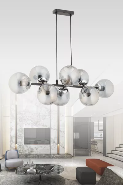 Suspension moderne CROSS 8 lampes en chrome - verre fumé noir pour salon