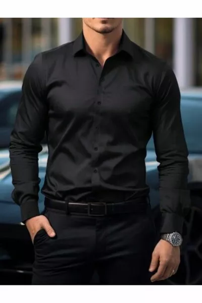 Рубашка Slim Fit черного цвета из дакрона, легко гладится