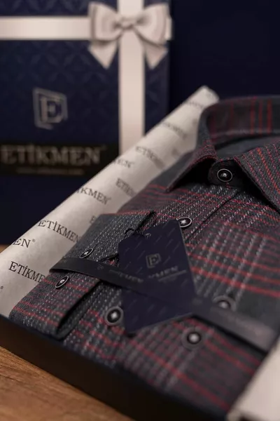 Lacivert Kırmızı Çizgili Slimfit Kışlık Oduncu Hediye Kutulu Erkek Gömlek