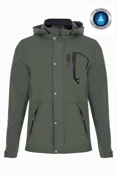 معطف رجالي شتوي بأكمام واقية من الرياح والماء، بسحاب وغطاء رأس، بتفاصيل جيوب وداخل مبطن بالفرو، بلون أخضر زيتي