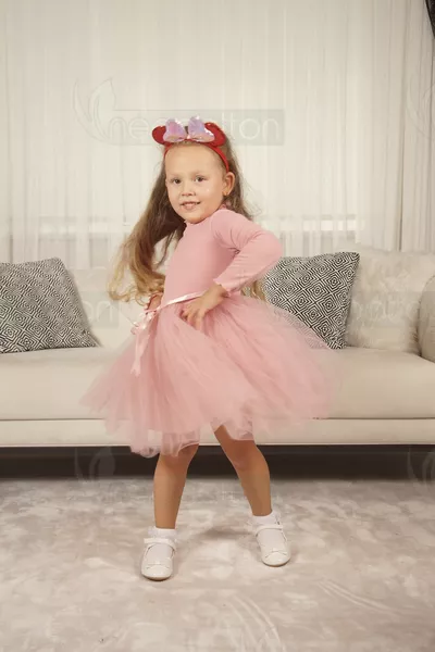 Tüllü Baskısız Düz Üst Kısım Ribana Alt Kısım Astarlı Tütü Etek Kız Çocuk Prenses Uzun Kollu Elbise