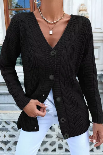Women's V-Neck Black Soft Textured Cardigan