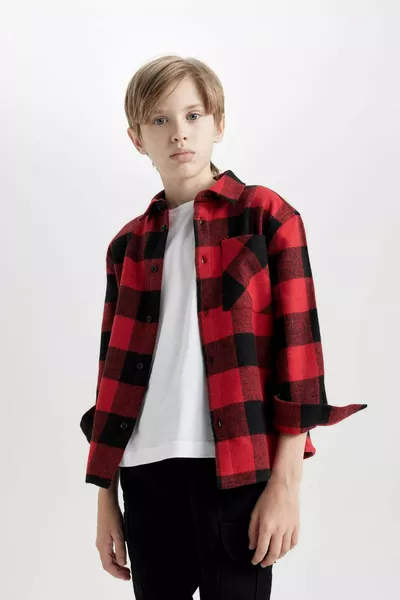 Camicia a quadri da bambino maschio, oversize, modello ampio, con colletto polo, in cotone a maniche lunghe WN