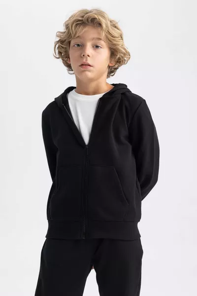 Мальчик Черный Хлопковый Кардиган с Капюшоном для Школы au