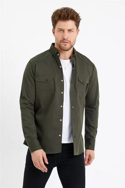 Heren kaki slim-fit spijkerblouse met dubbele zak en s