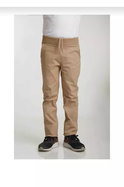 Bej Ribanalı Tam Lastikli Kanvas Kumaş Okul Pantolon, rahat ve şık seçenek