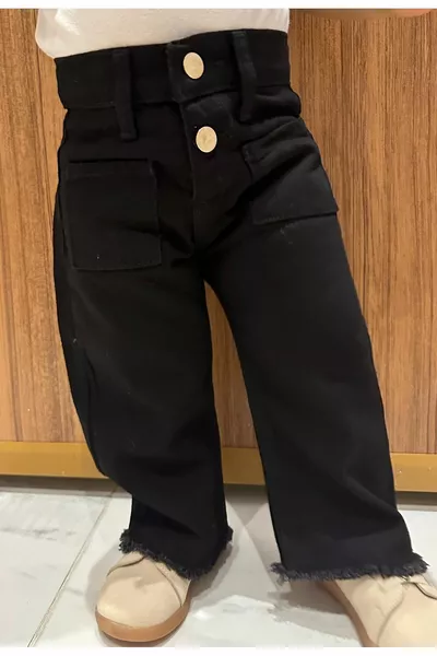 Kız Çocuk Siyah Geniş Paça Kot Denim Pantolon