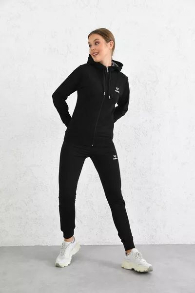 Siyah Kapüşonlu Fermuarlı Penye Kumaşı Eşofman Takımı