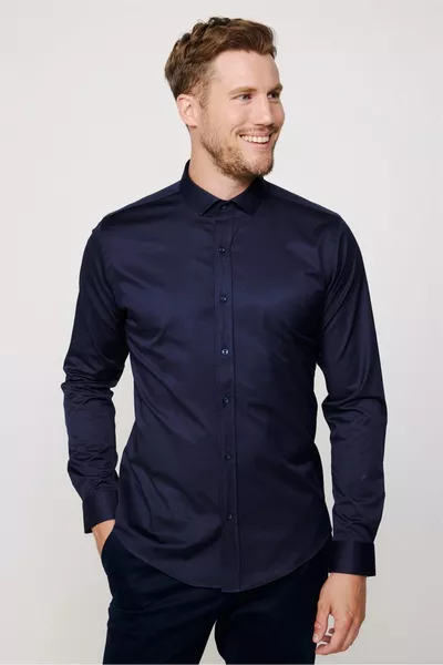 Chemise Homme Bleu Marine Slim Fit à Manches Longues en Coton Satiné Extensible